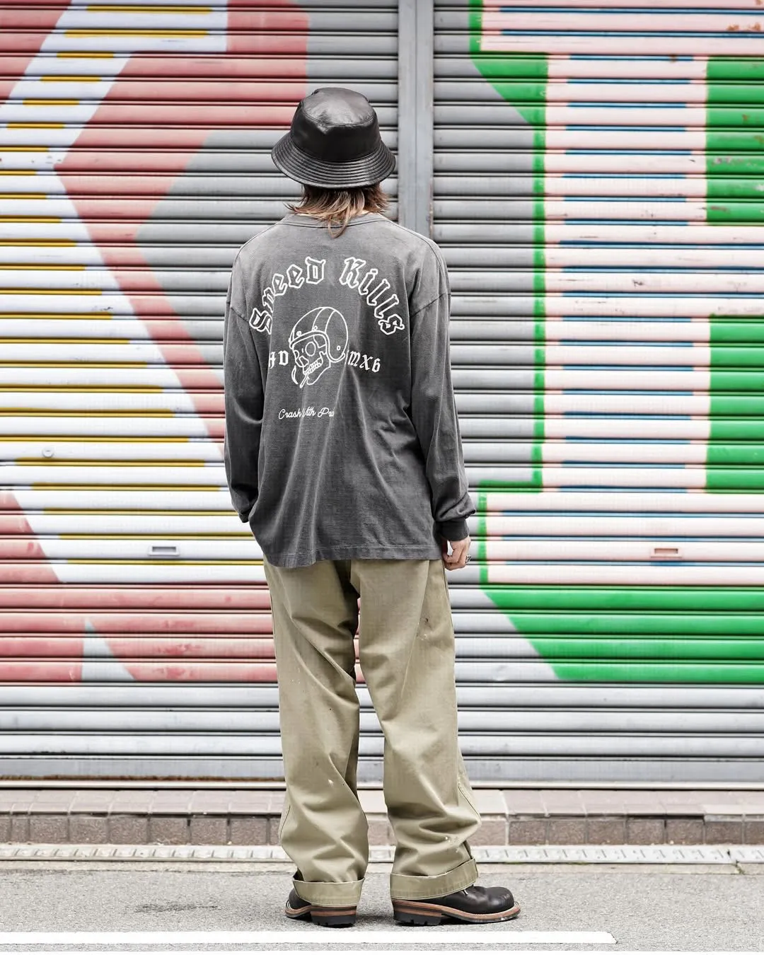 SAINT Mxxxxxx × NEIGHBORHOOD STHD . LS TEE SPEED KILLS/BLK Skull Helmet Long Sleeves Washed Black S-XL Cylindrical Cloth Ready-Made Assute Dyeing Heavy Washing Water Fading Handmade Splashed Ink Holes Simulate Natural Fading and Old Effects Correct Version Customized NBHD Co-branded Accessories Top Purchasing Level